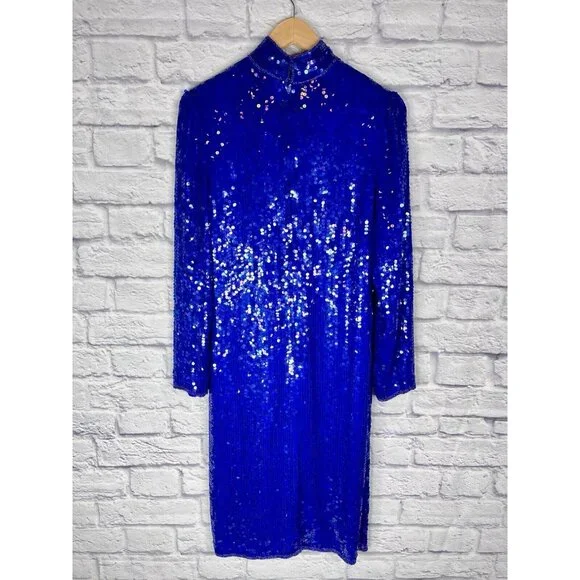 SCARLET RAGE Women's Vintage Blue Sequin Silk High Neck Sheath Dress Large - Picture 8 of 8